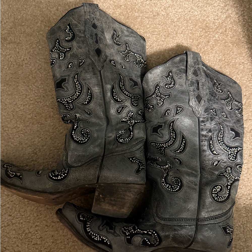 Embellished Gray Western Heeled Boots